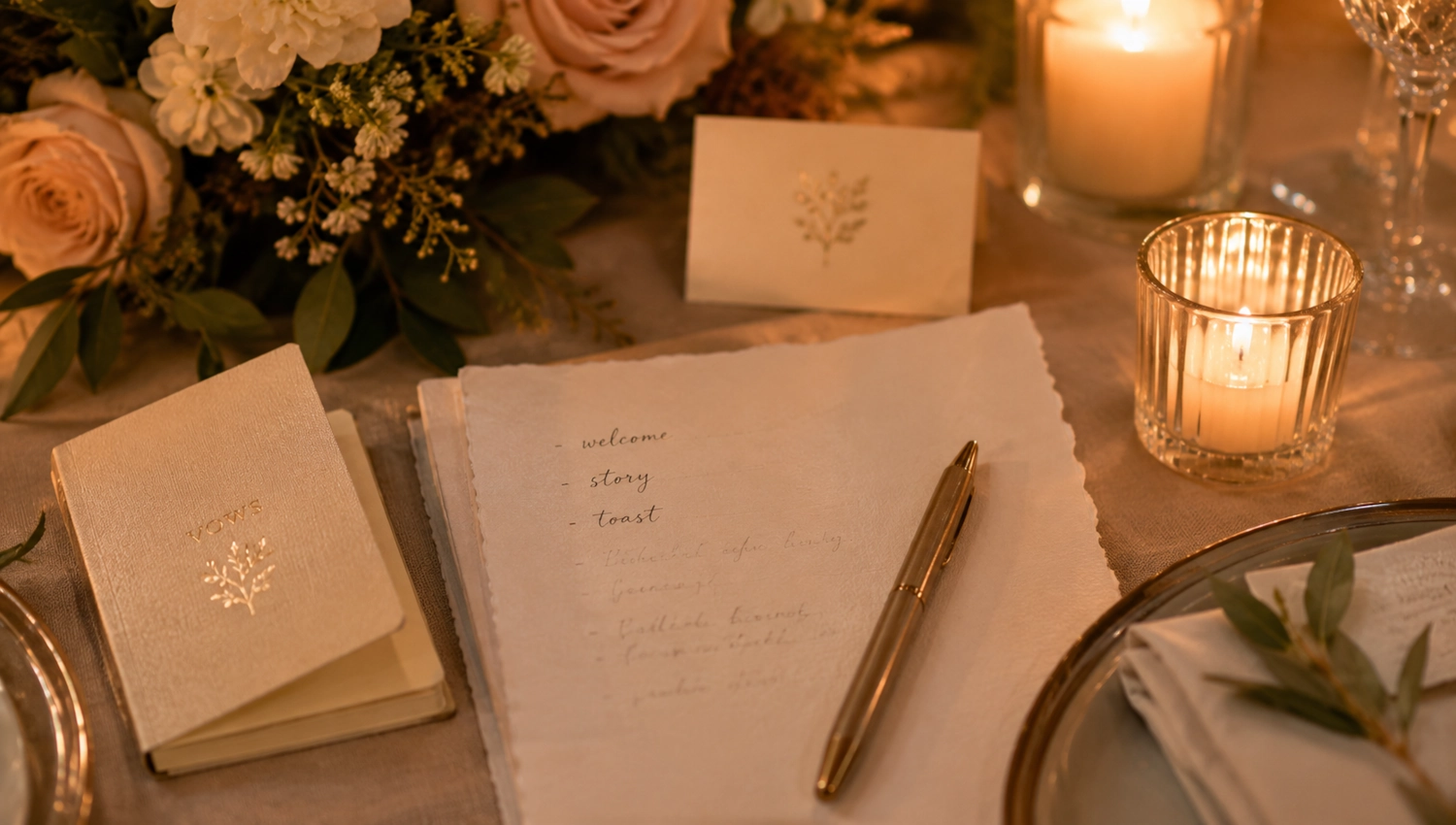 Handwritten wedding speech notes beside a pen and vow book on a neutral desk.