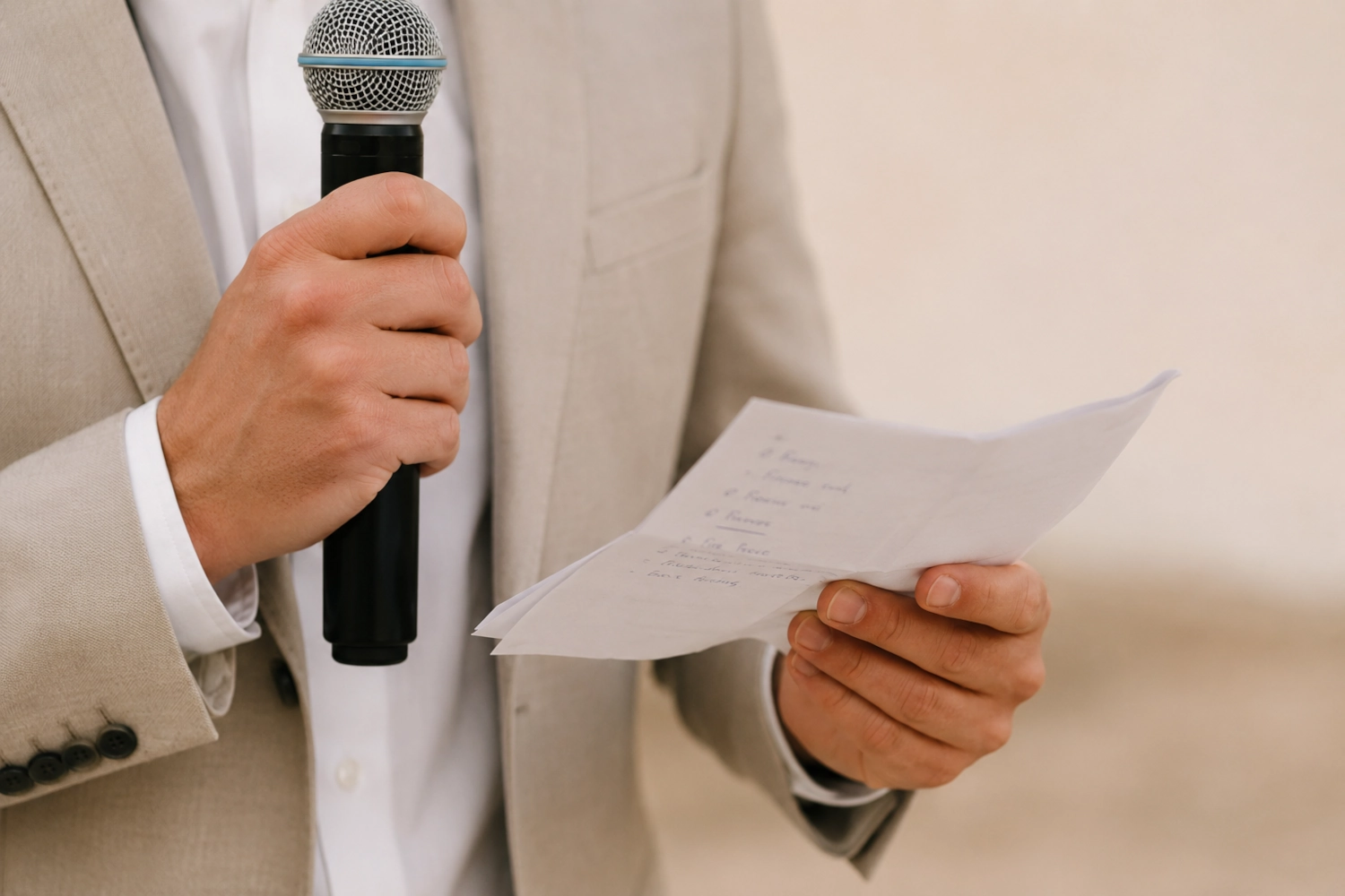 Close-up of a person holding a microphone and printed wedding speech notes at a reception.